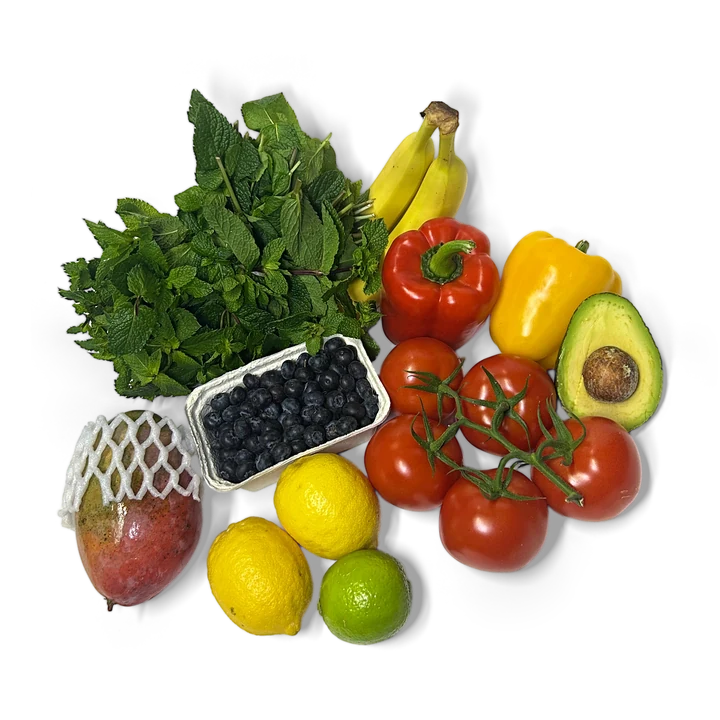 Minze, Bananen, Paprika, Avocado, Tomaten, Heidelbeeren, Zitronen und Mango
